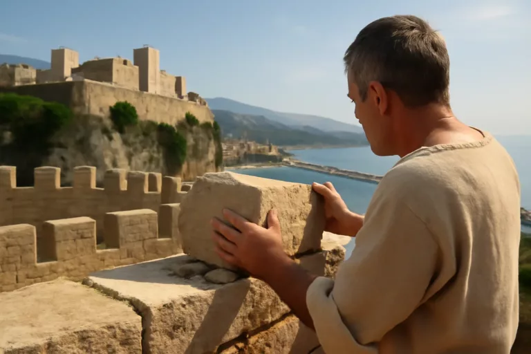 Illustration of the Monaco fortress 1215 on the Rock, showing early Genoese walls above the harbour