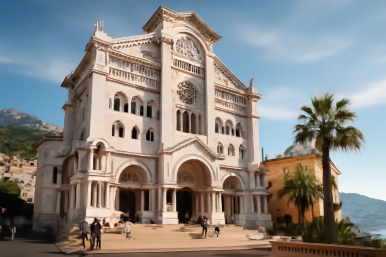 Façade en pierre blanche de la Cathédrale de Monaco en style romano-byzantin