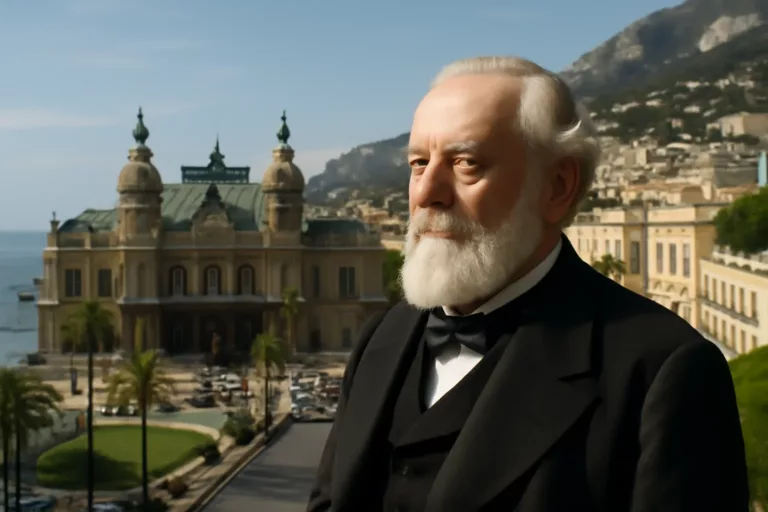 Portrait de Charles III Monaco avec en arrière-plan le Casino de Monte-Carlo au XIXe siècle