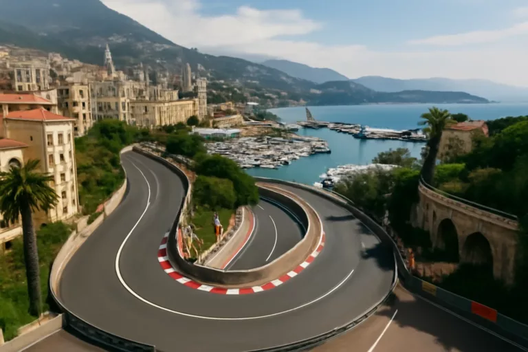 Vue aérienne du circuit Monaco 19 virages montrant les 3,337 km du tracé urbain