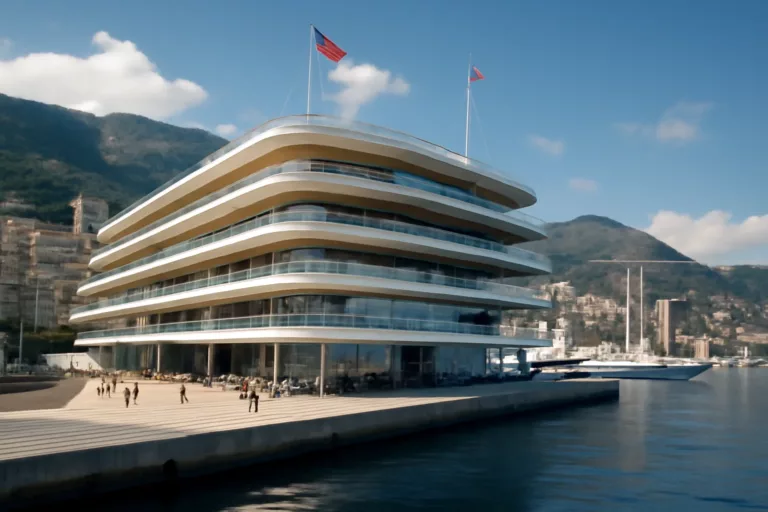 Vue architecturale du clubhouse Yacht Club Monaco signé Norman Foster sur le quai Louis-II