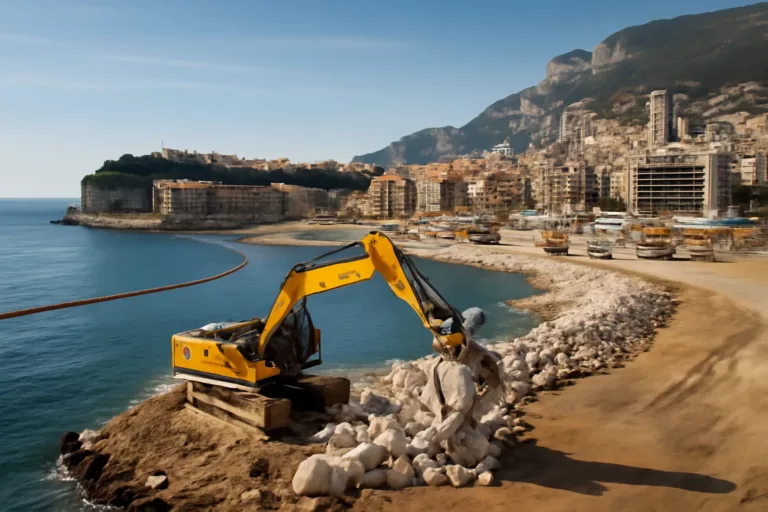 Vue aérienne de la construction Fontvieille Monaco et de son terre-plein gagné sur la mer