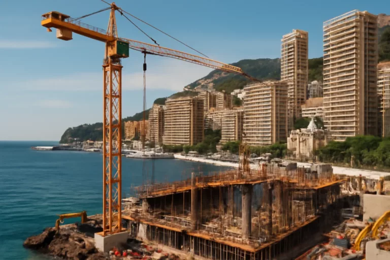 Vue verticale d’un chantier de construction à Monaco entre mer et immeubles de grande hauteur