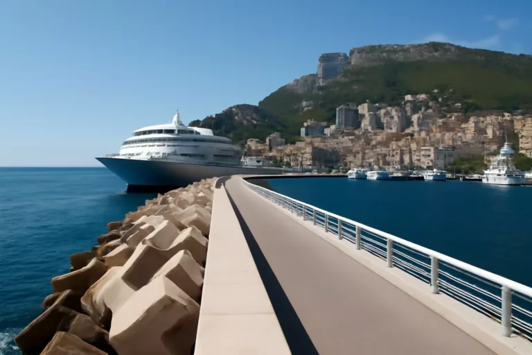Vue de la grande digue Port Hercule protégeant le port et accueillant de grands navires