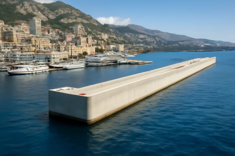 Vue aérienne de la digue semi-flottante Monaco protégeant l’entrée de Port Hercule