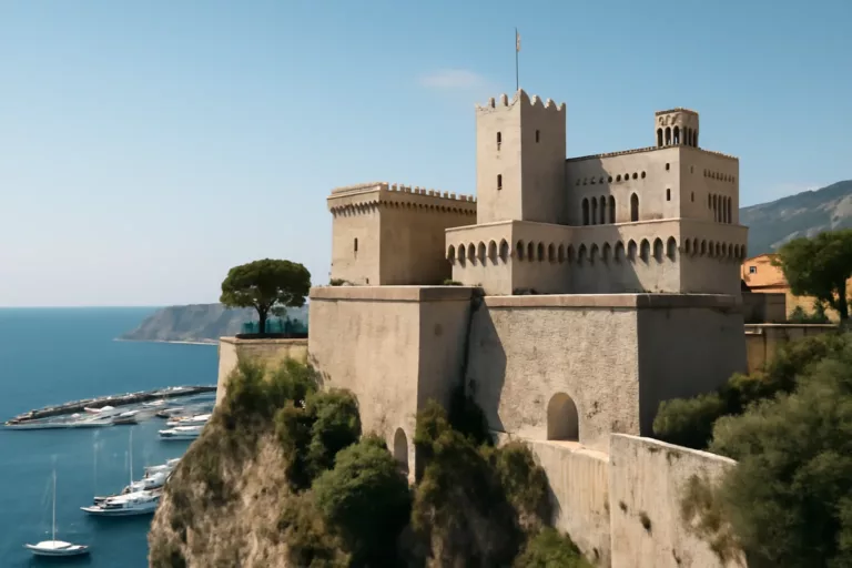Historische Darstellung der Festung Monaco 1215 auf dem Felsen, von Genuesen errichtet