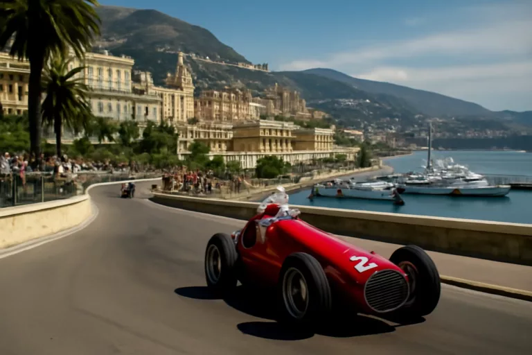 Vue historique du circuit urbain du Grand Prix Monaco 1950 avec voitures de Formule 1 anciennes
