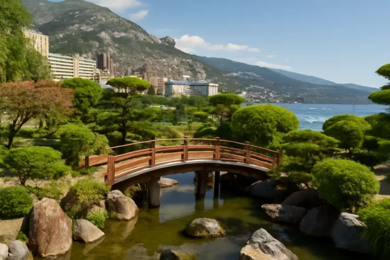 Vue du Jardin japonais Monaco près du Larvotto avec pont en bois, plan d’eau et rochers