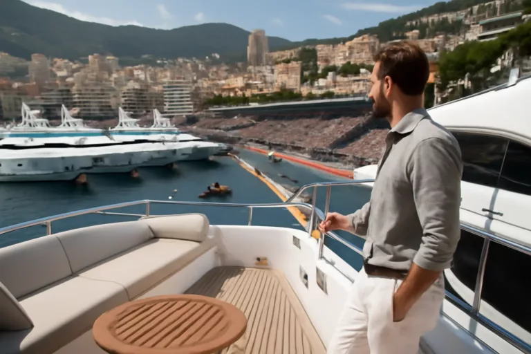 location yacht Grand Prix Monaco avec vue sur les stands et la piste depuis un pont de yacht