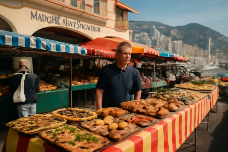 Marché de la Condamine à Monaco avec étals colorés et spécialités monégasques en plein air
