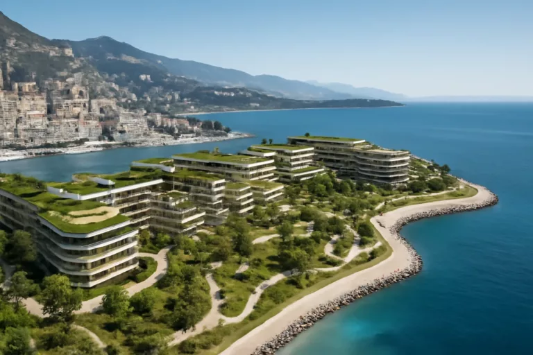 Vue aérienne de Mareterra Monaco montrant l’extension en mer, les bâtiments et les espaces paysagers