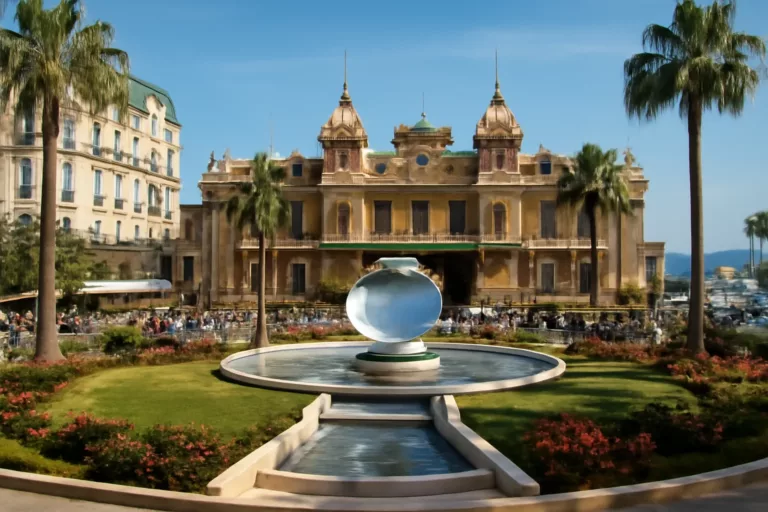 Vue de la Place du Casino Monaco avec le Casino de Monte-Carlo et l’Hôtel de Paris en arrière-plan
