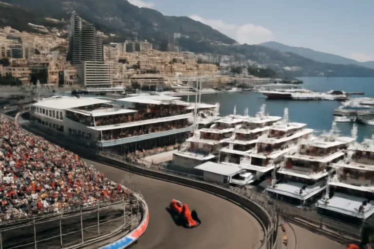 Vue du Port Hercule Grand Prix Monaco avec circuit, tribunes et yachts en hospitalité