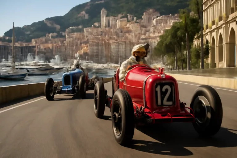 Voitures de course anciennes sur le circuit urbain du premier Grand Prix de Monaco 1929 autour du port