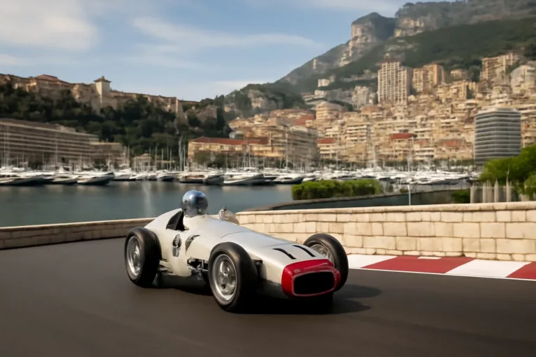 Voitures de Formule 1 historiques illustrant le retour Grand Prix Monaco 1955 sur le circuit urbain de la principauté