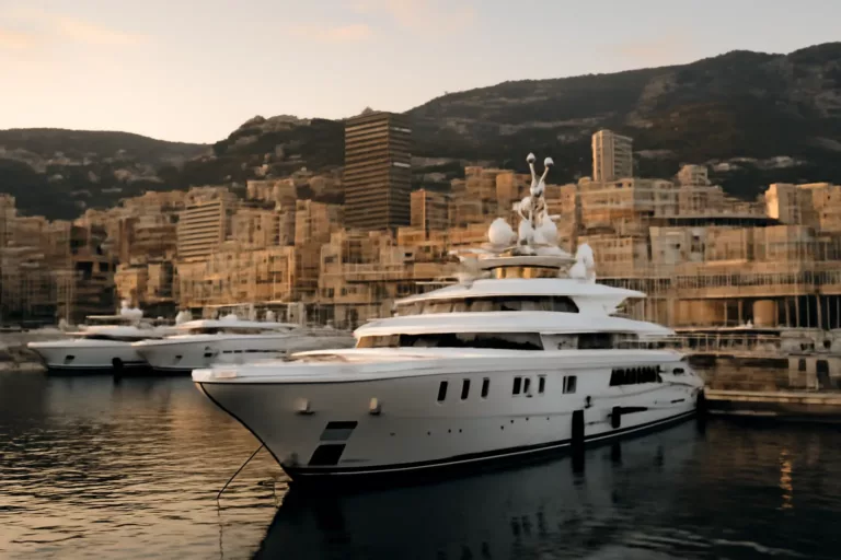 superyachts Monaco amarrés à Port Hercule au coucher du soleil