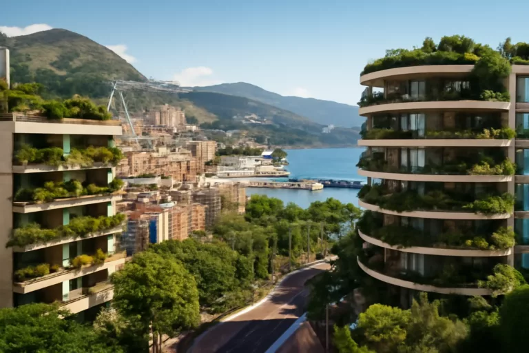 Vue d’un quartier dense illustrant l’urbanisme durable Monaco avec bâtiments végétalisés et littoral protégé