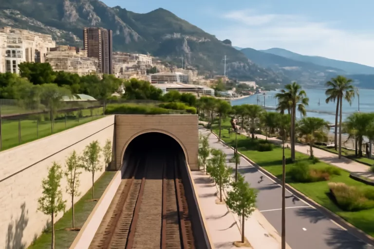 Vue urbaine illustrant la voie ferrée souterraine Monaco et ses aménagements en surface