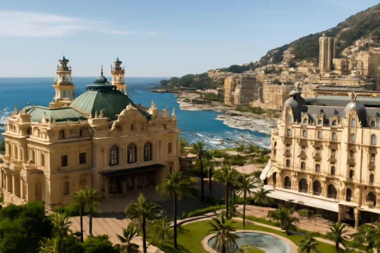 Vista de Monte-Carlo, centro del desarrollo económico Mónaco, con casino y hoteles de lujo