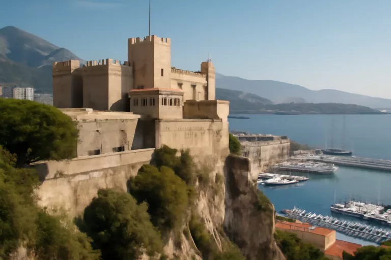 Vista histórica de la fortaleza de Mónaco 1215 sobre el peñón original