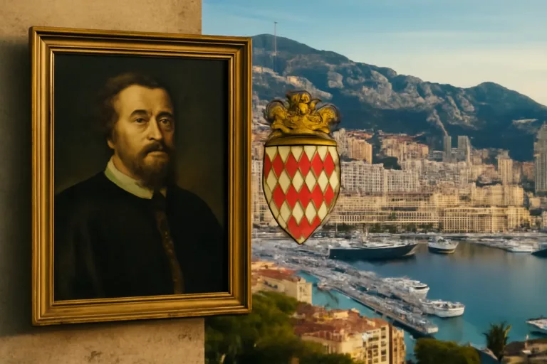 Historic portrait and coat of arms symbolising the Grimaldi dynasty in Monaco