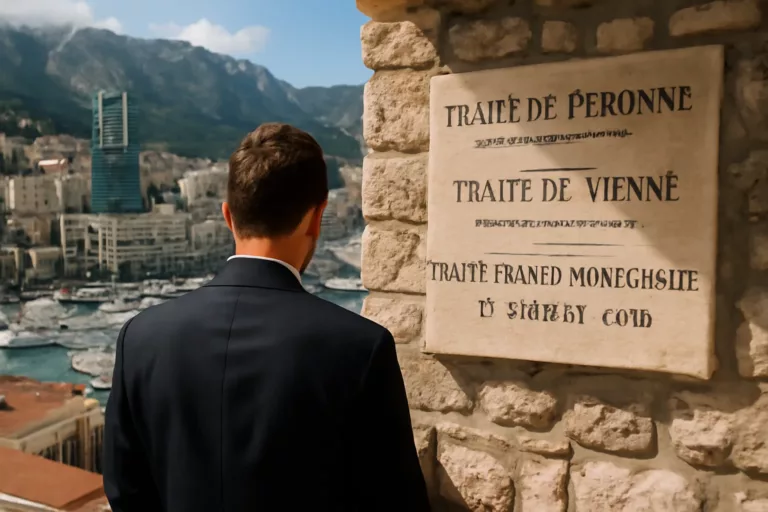 Illustrated timeline showing the history of Monaco sovereignty through key treaties and alliances