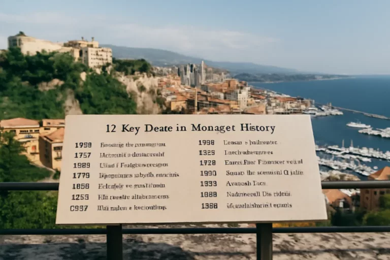 Monaco history dates illustrated by the Rock of Monaco and Monte-Carlo skyline
