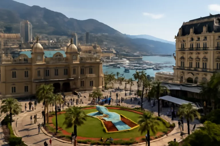 Vista di Monte-Carlo con casinò, hotel di lusso ed eventi come simbolo dello sviluppo economico Monaco